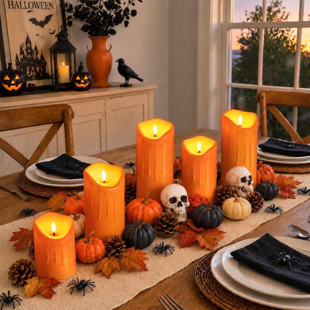 Orange Flameless Candles 5 Pack, Battery Operated Pillar Candles Fall Decor