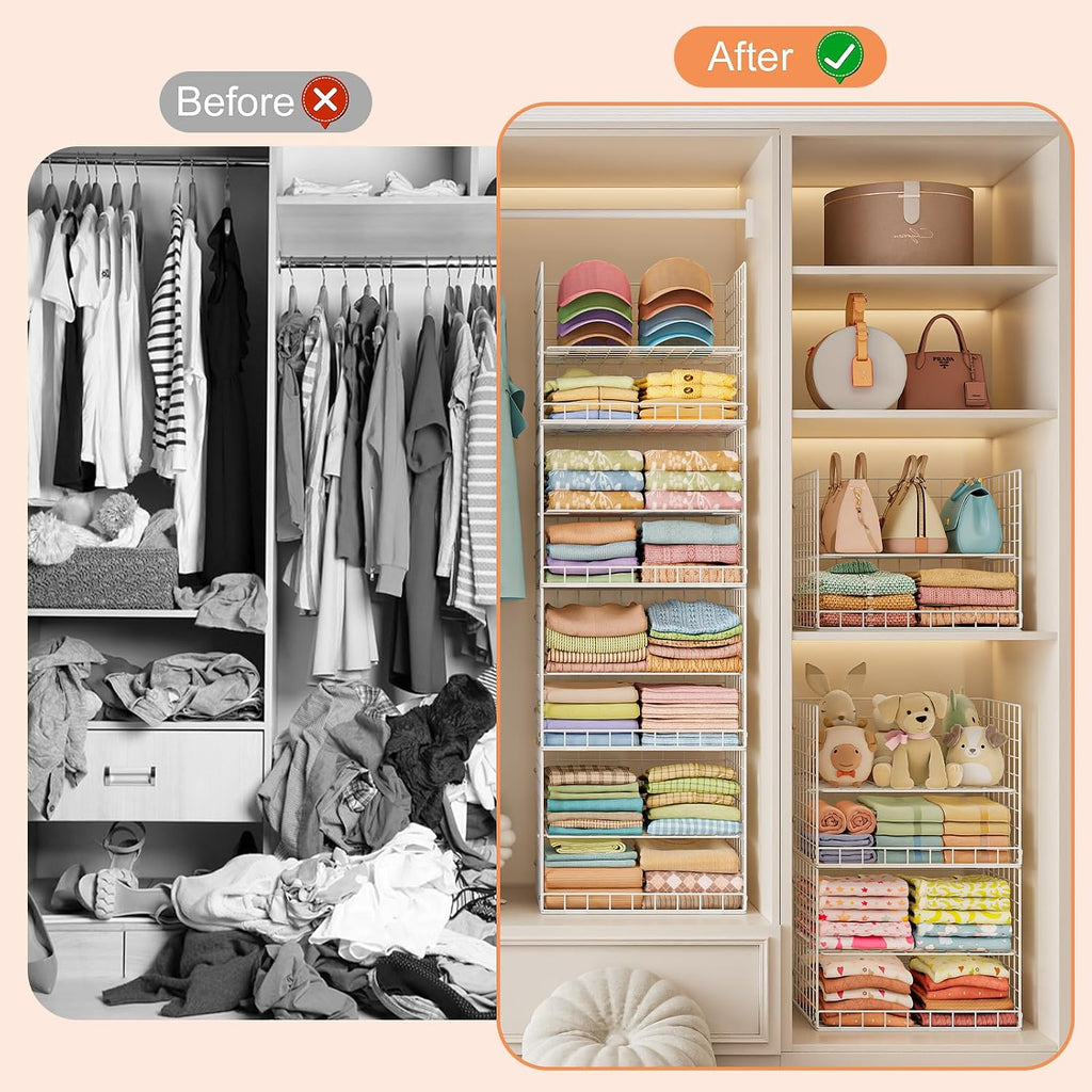 8 Tier Extended Width Hanging Closet Organizer, Sweater Storage for Closet Organizer System, Stackable Wire Basket Bins for Clothes Purse Shoes, Hanging Shelves with 4 Hooks & 4 Dividers Adjustable