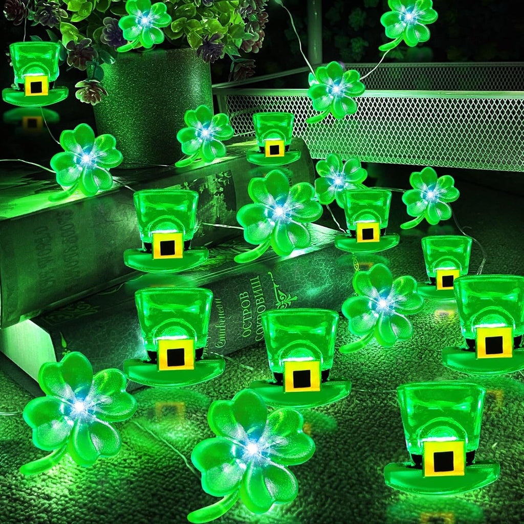 2 Pack St Patricks Day Decorations, Total 20FT 80LED Shamrocks Leprechaun Hat String Lights Timer Waterproof Lucky Clover Green Fairy Lights Battery Operated for St. Patrick's Day Decor Bedroom Party