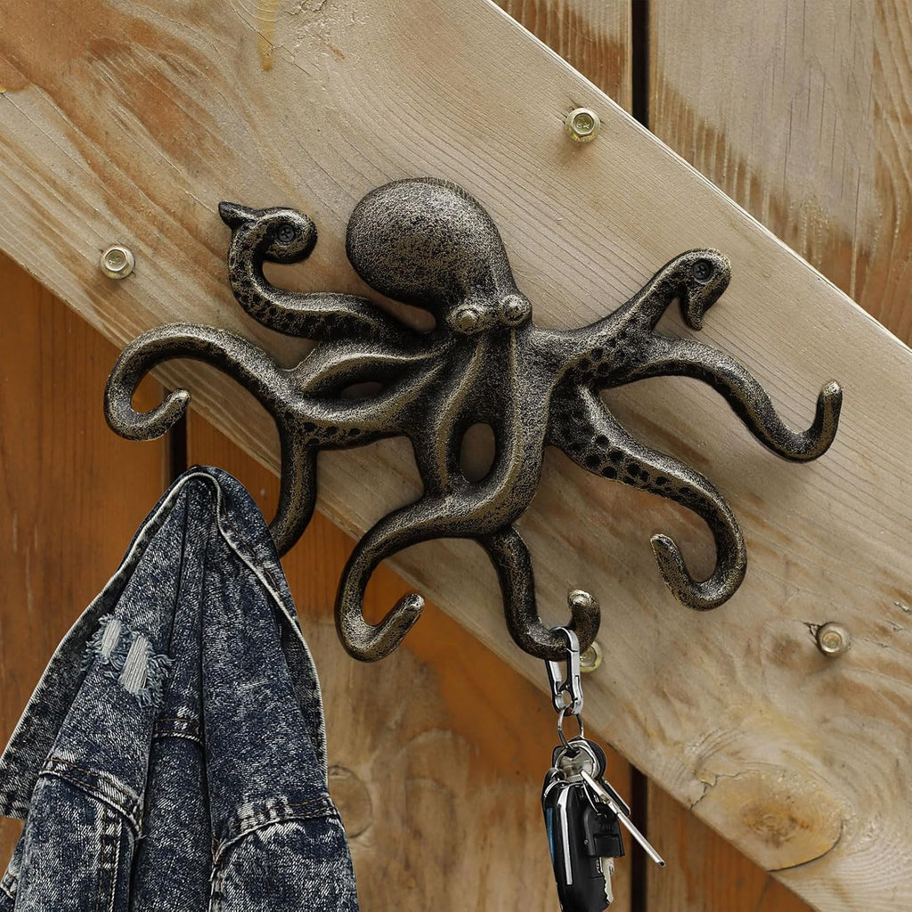 Cast Iron Octopus Wall Hook, Decorative Hooks, 2Pcs, Bronze