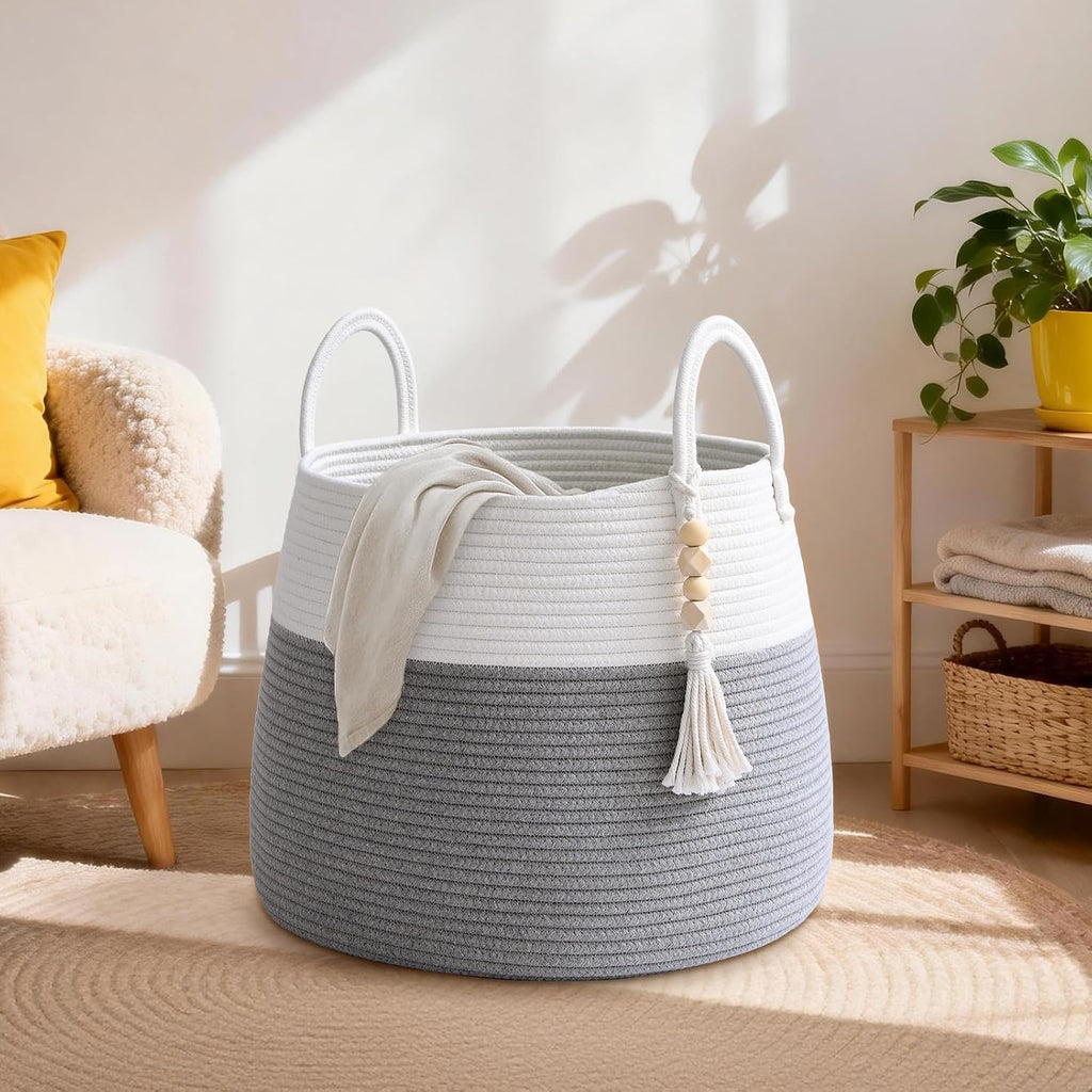 Large Nursery Hamper, 60L Blanket Basket with Handle, Baby Laundry Basket for Gift, Toy, Clothes, Woven Storage Basket with Wooden Bead Decor, Baby Hamper for Nursery (Grey)