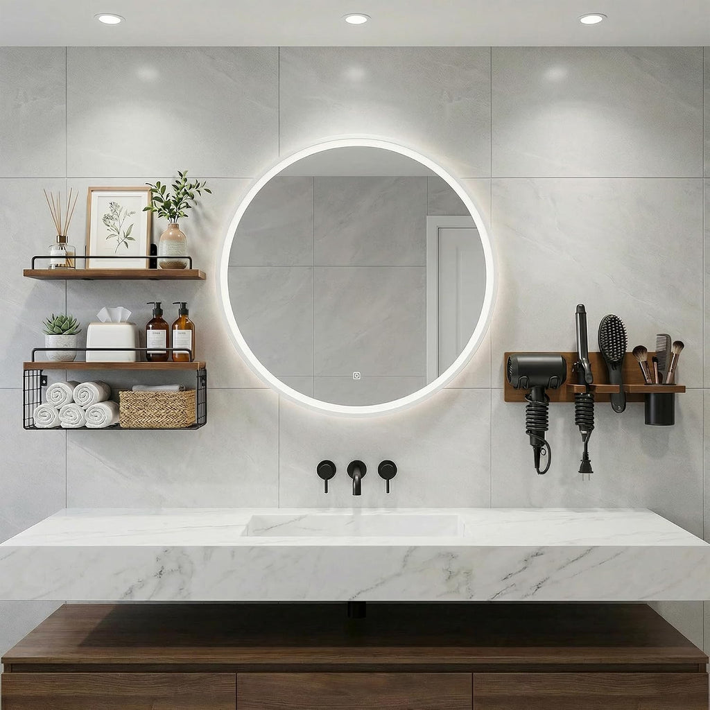 3-Tier Bathroom Floating Shelves with Hair Dryer Holder, Brown