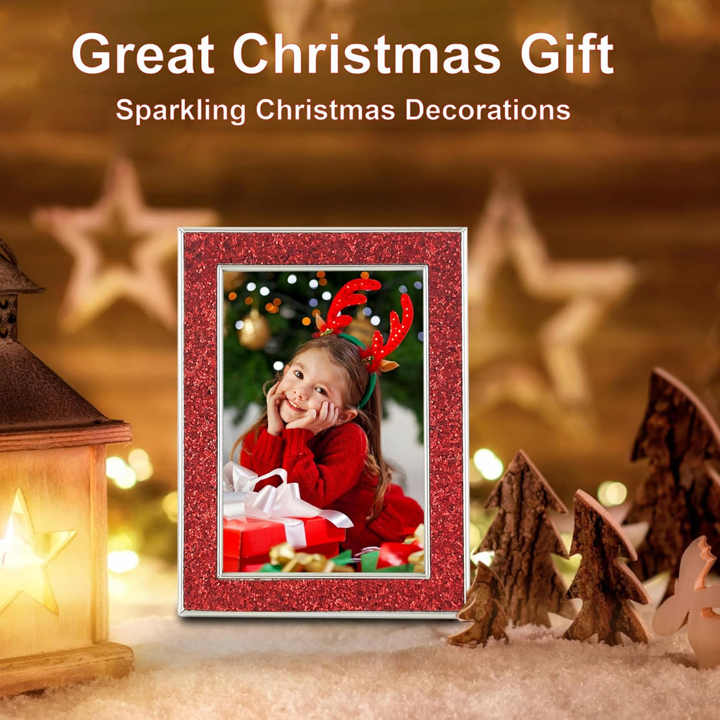 HIKWADERY 4x6 Picture Frame Glitter, Red Bling 4 by 6 Photo Frames with HD Real Glass, for Wall or Tabletop Display, Family Friends Wedding Mother's Day Gift (4 x 6, Red)