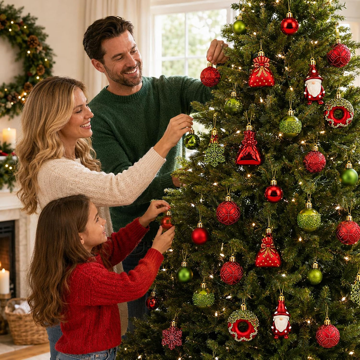 60 Pcs Red & Green Christmas Ornaments Set for Christmas Tree Decorations