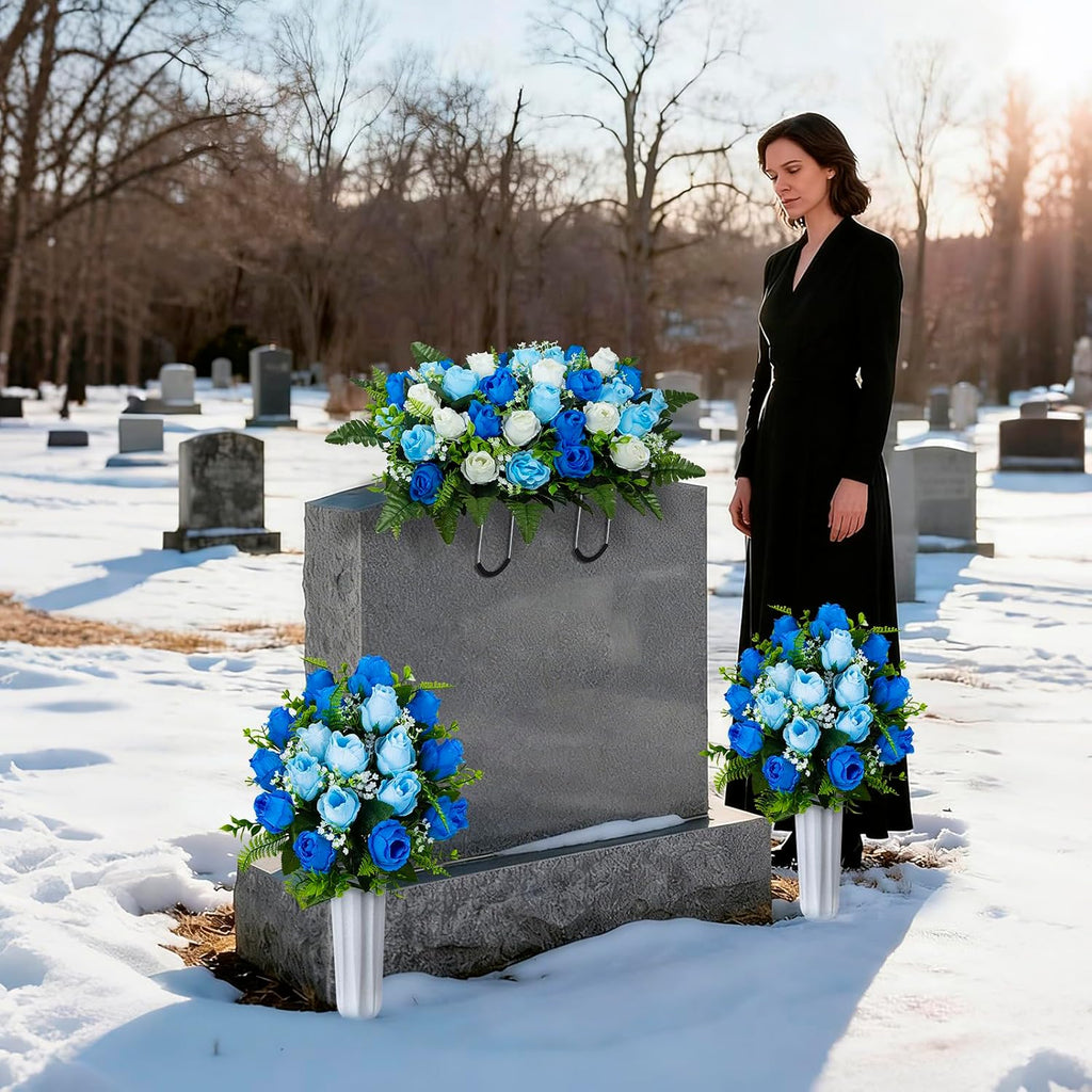 Artificial Cemetery Flowers Saddle Grave Memorial Rose Flowers with Vase for Cemetery Headstones Gravesites Decoration (White&Blue, 1 Saddle & 2Bouquets with Vase)