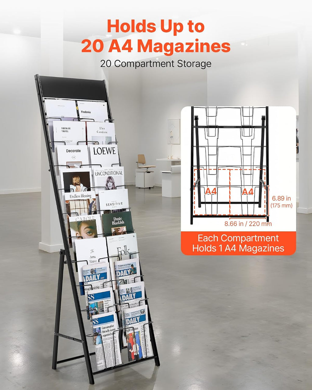 VEVOR Brochure Display Rack, 20 Pockets Magazine Literature Display Stand, Portable Floor Standing Magazine Rack, Metal Newspaper Catalog Holders for Shop, Exhibitions, Office, Trade Show, Black