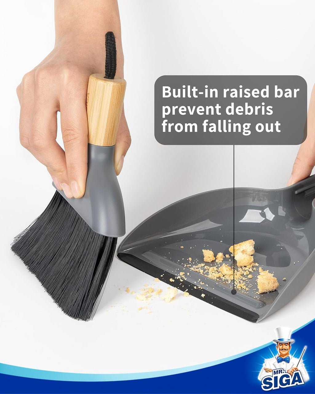 MR.SIGA Mini Dustpan and Brush Set, Bamboo Handle, Gray, 1 Set
