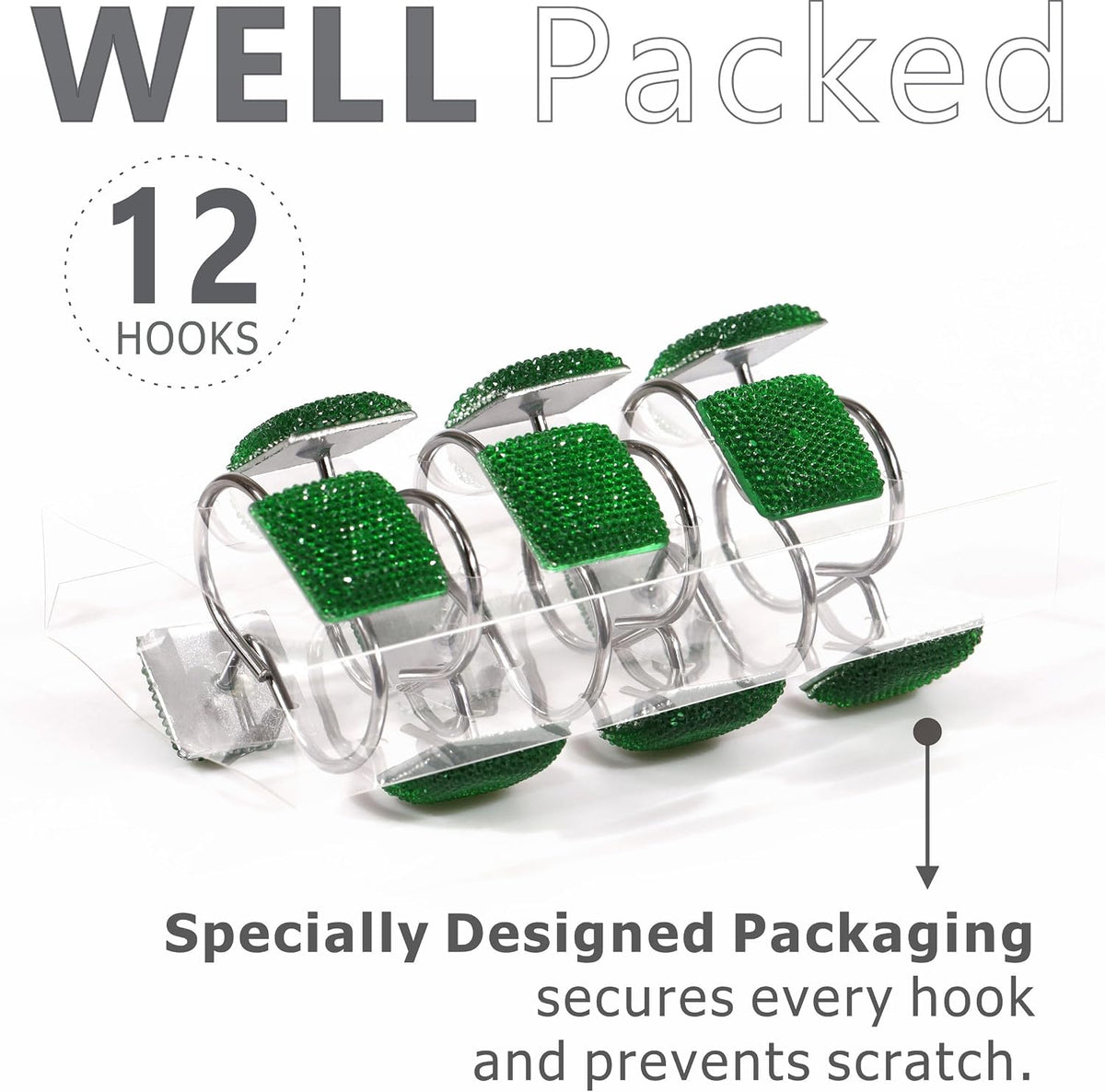 Green Bling Shower Curtain Hooks: Christmas Bathroom Curtain Rings, 12Pcs
