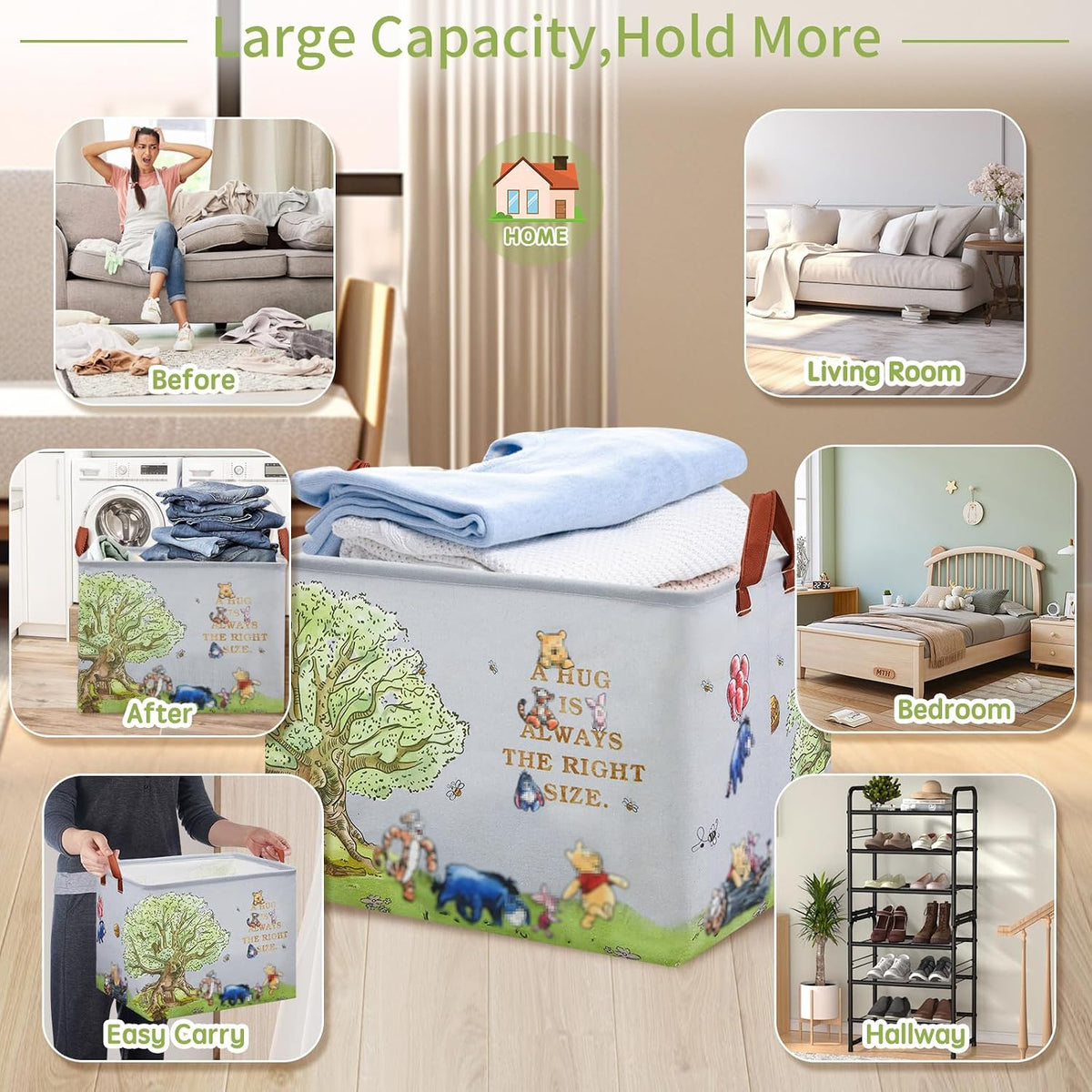 Bear Nursery Decor Storage Basket Foldable With Waterproof PE Coating, Square Large Canvas Laundry Hamper,Diaper Bag Baskets for Kids,Boys and Girls, Bathroom, Bedroom, Clothes,Toy Bin(grey)