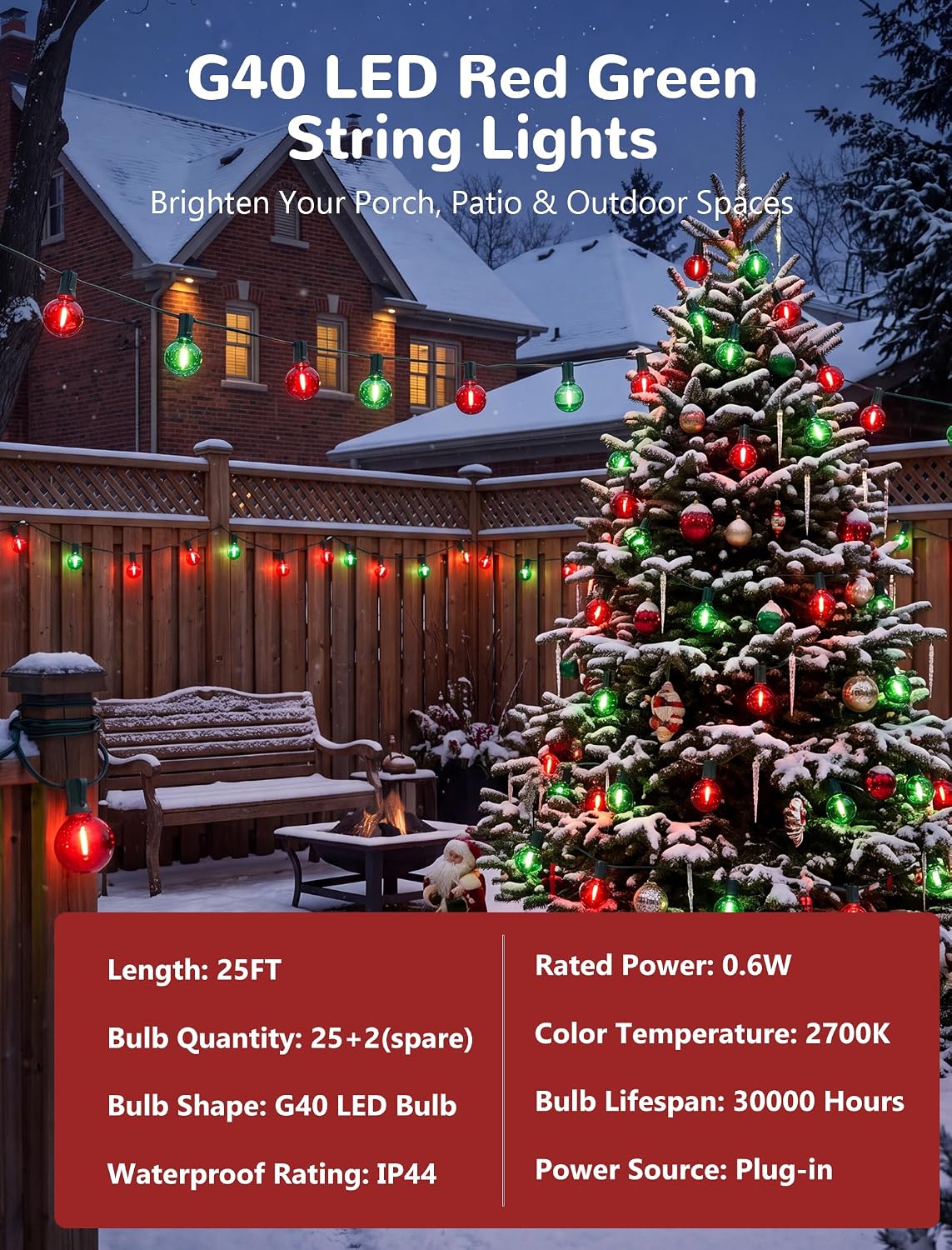 25Ft G40 LED Red Green Outdoor String Lights, 27 Shatterproof Globe Bulbs