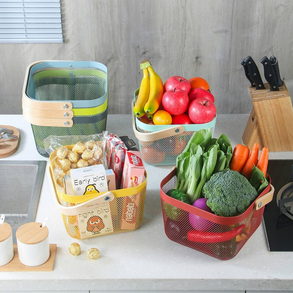 Coloful Metal Mesh Wire Basket with Foldable Wooden Handle,Bin Garden Fruit Vegetable Storage Hanging Harvest Holder for Kitchen Bathroom Picnic (Yellow, Cuboid & Cube)