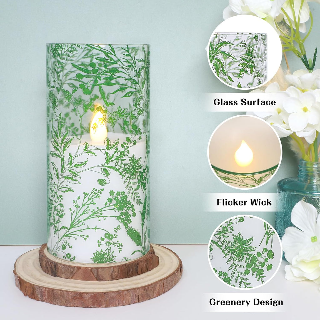 Green Botanical Glass Flameless Candles with Remote & Timer Fern Leaves Design Battery Operated Flickering Pillar LED Candles for St. Patrick's Day Home Party Decor Table Centerpiece