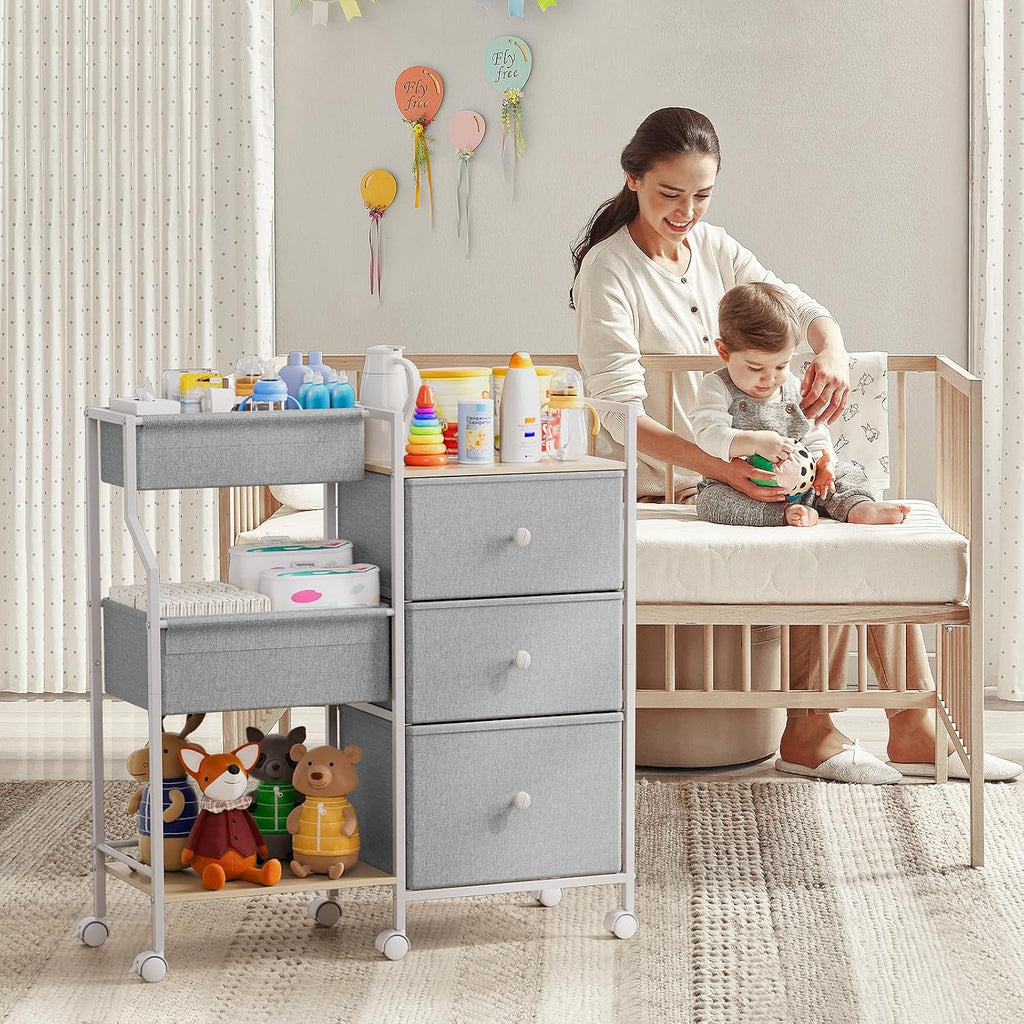 Modanais Baby Diaper Caddy Organizer Rolling Cart with Drawers, Light Gray