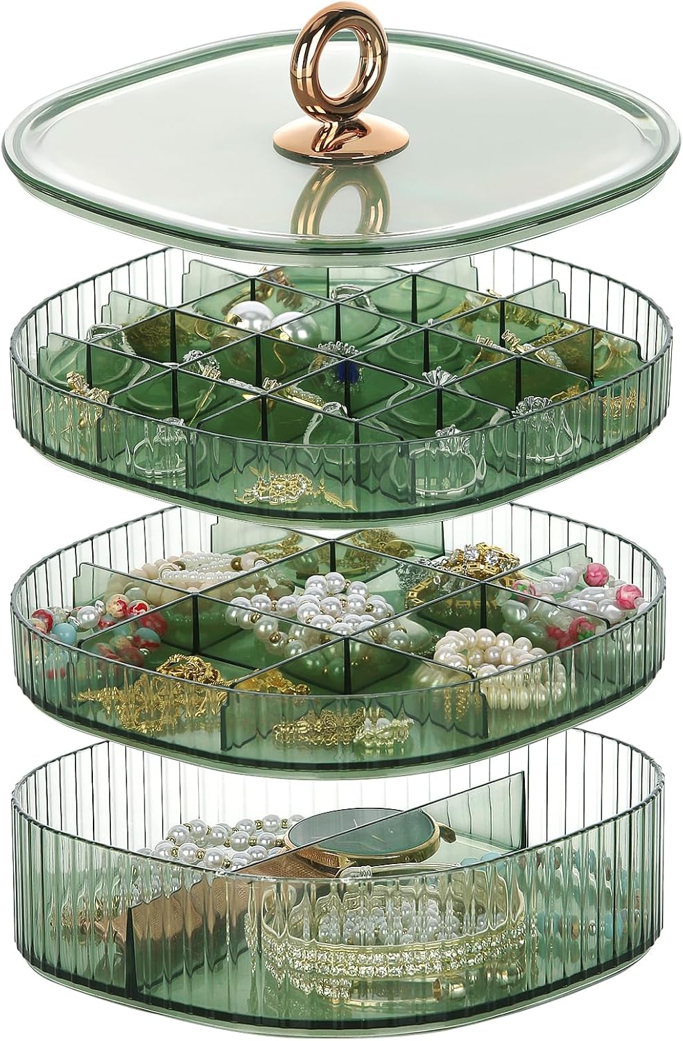LETURE 3-Layer Acrylic Jewelry Organizer Box for Stud Earrings, Rings, Necklaces, Bracelets, Claw Clip Organizer, Small Bead Storage Containers for Crafts (Green)