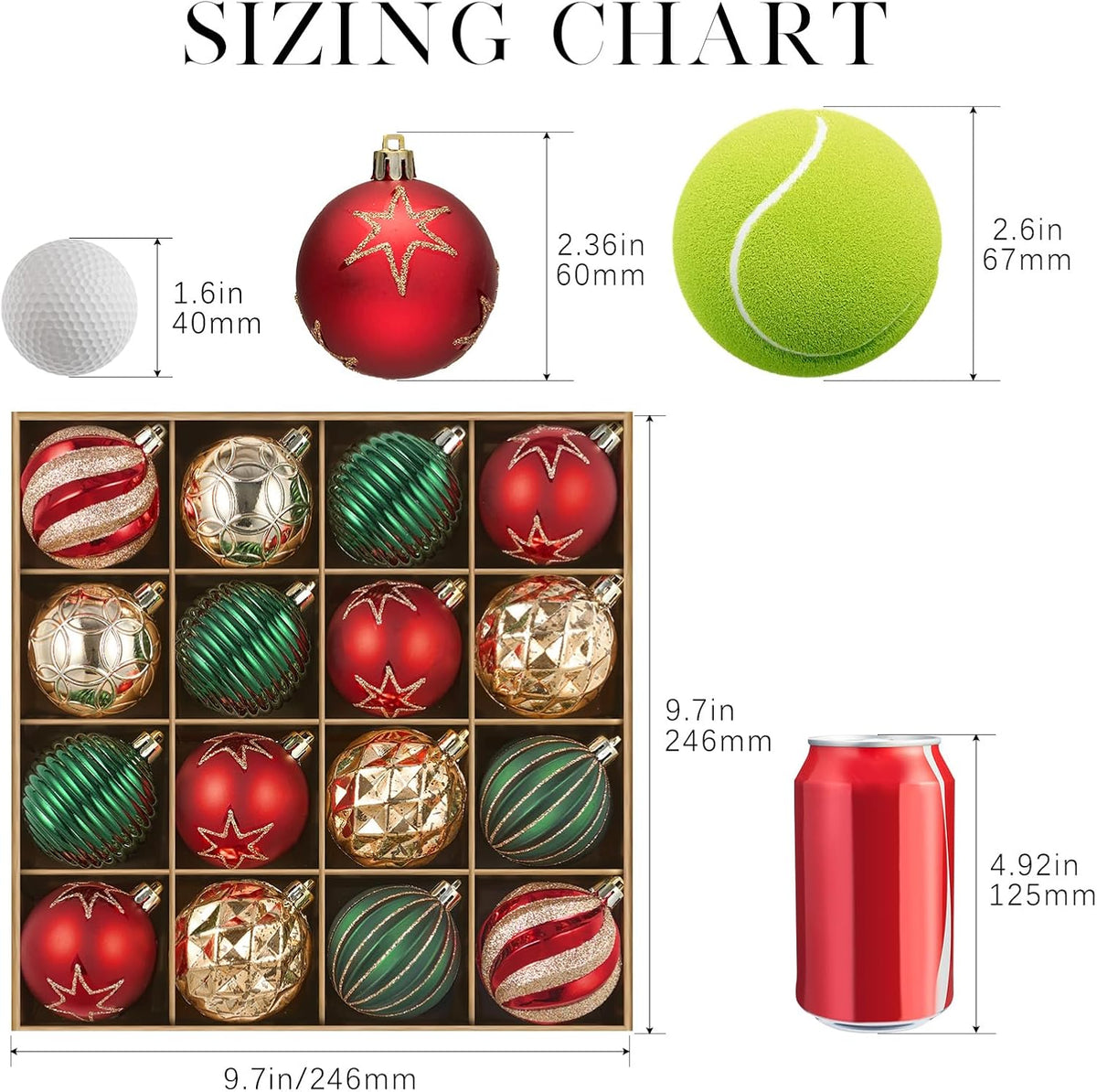 JORNOY Christmas Ornaments Set, 16ct Shatterproof Christmas Ball Ornaments Bulk for Xmas Decorations - 2.36 inch Plastic Decoative Hanging Ornaments for Xmas Tree Decor, 16ct, Red & Green & Gold