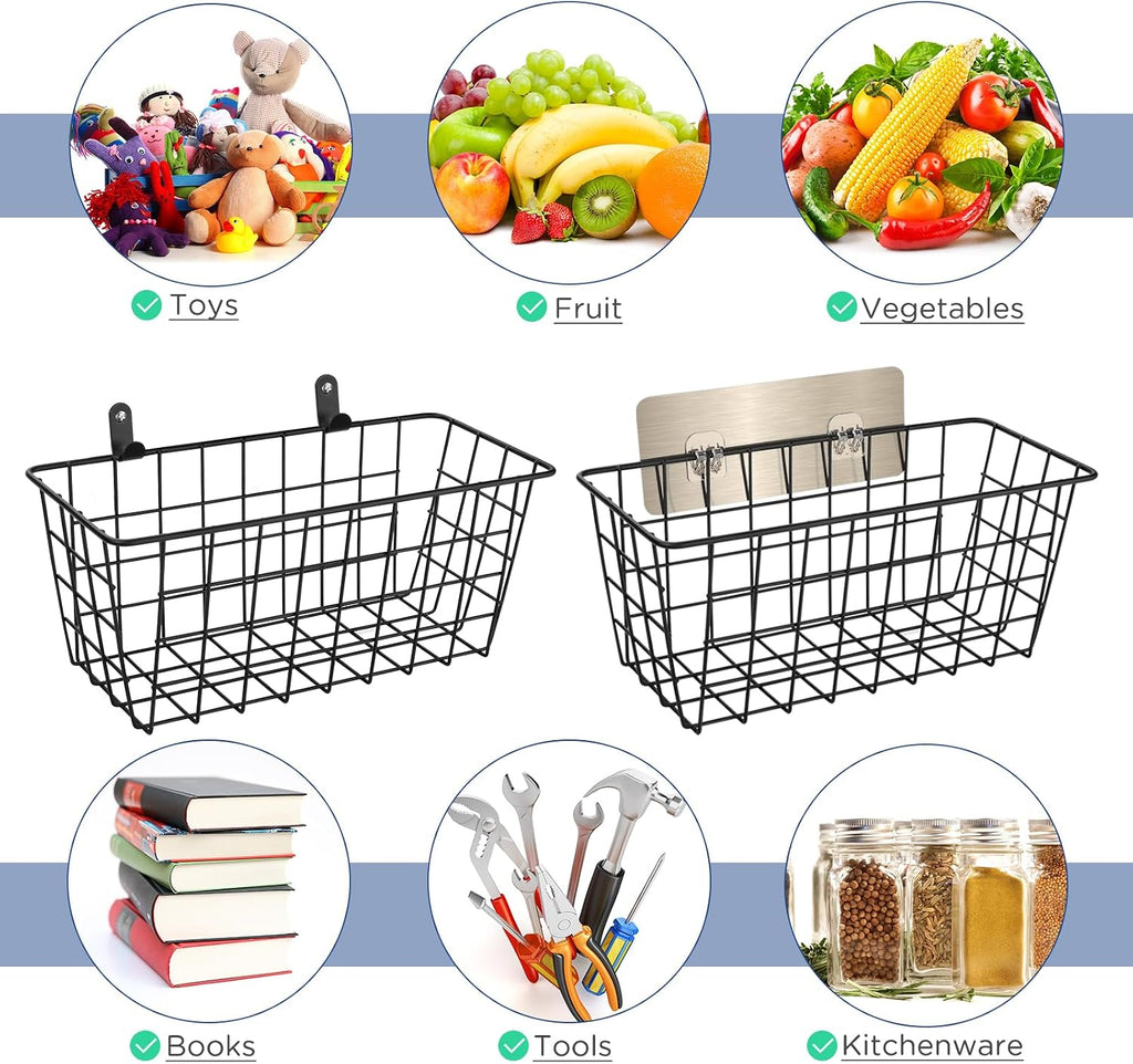 4 Pack Hanging Wall Basket Wire Storage Baskets, Adhesive Basket for Cabinet Door Organizer(2 Wall Mounting Options), Hanging Fruit Baskets for Kitchen, Pantry Organization, Bathroom, Black