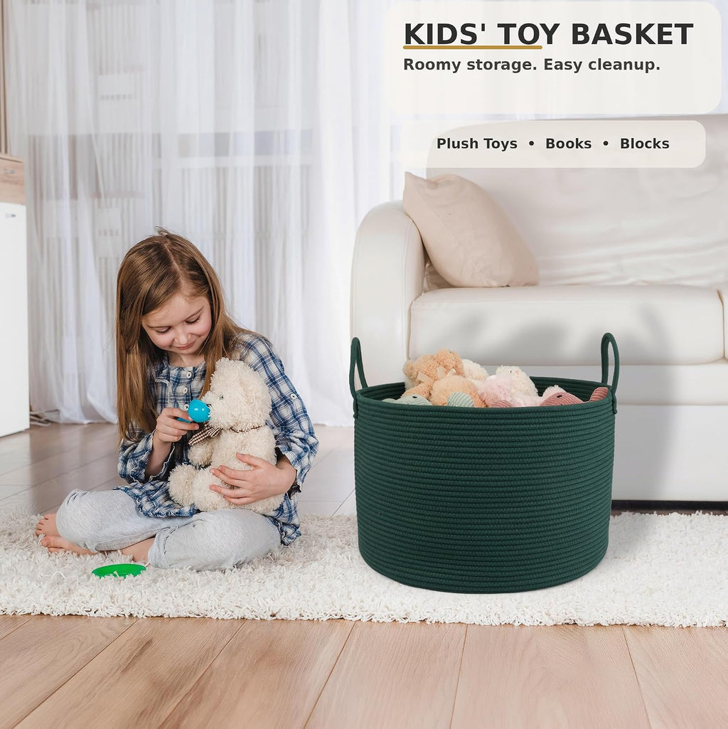 XUANGUO 66L Large Blanket Basket, Round Cotton Rope Basket, Dark Green