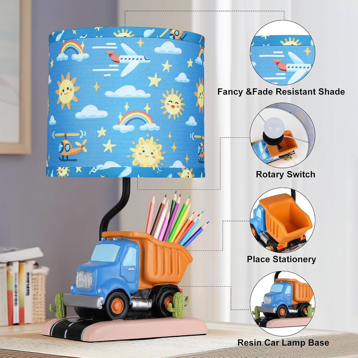 Hamucd Car Bedside Table Lamp for Kid, Truck Nursery Lamp for Boy Girl Bedroom Nightstand Study Room,Cute Desk Lamp with Blue Lampshade for Toddler Playing Room Classroom Decor,1 LED Bulb Included