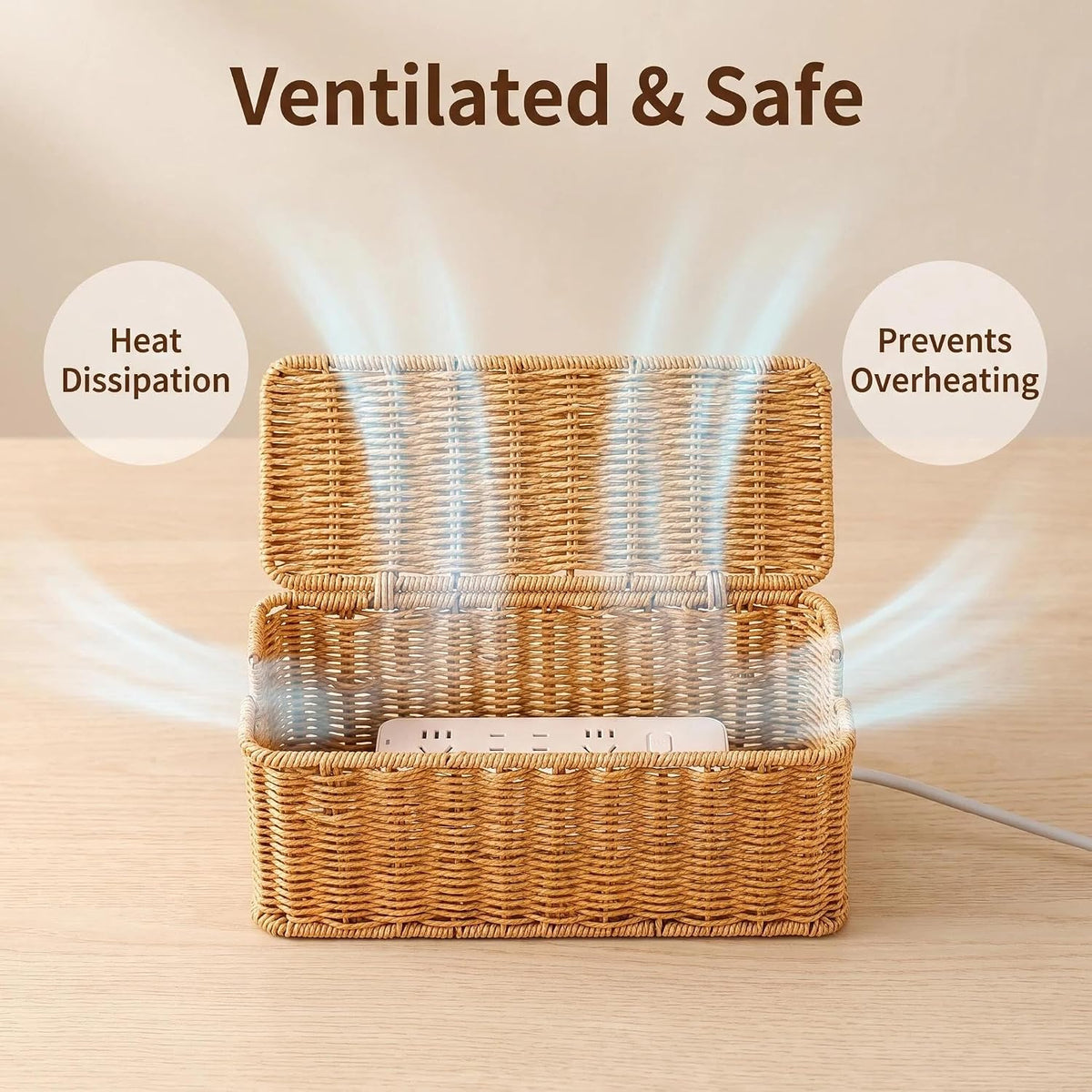 Cable Management Box Handwoven Faux Rattan Cord Basket with Lid (Rectangle)