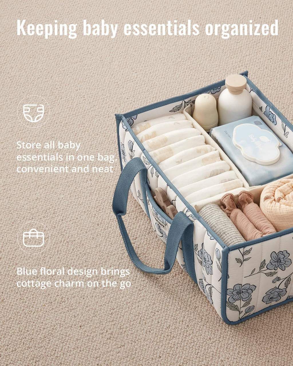 Blissful Diary Floral Diaper Caddy Organizer, Peony Blue