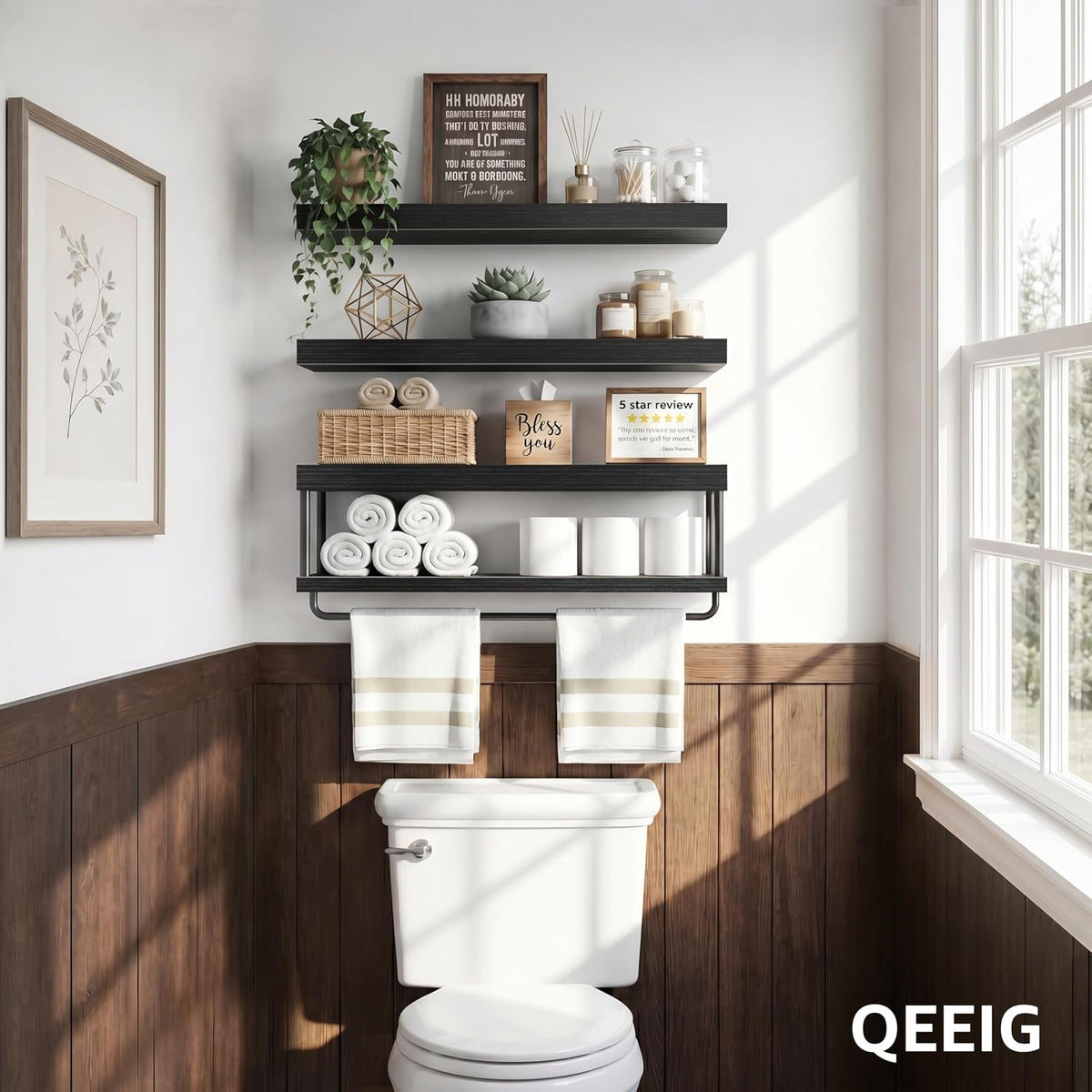 QEEIG Long Bathroom Floating Shelves Over Toilet (Black, Set of 3, 23.6")