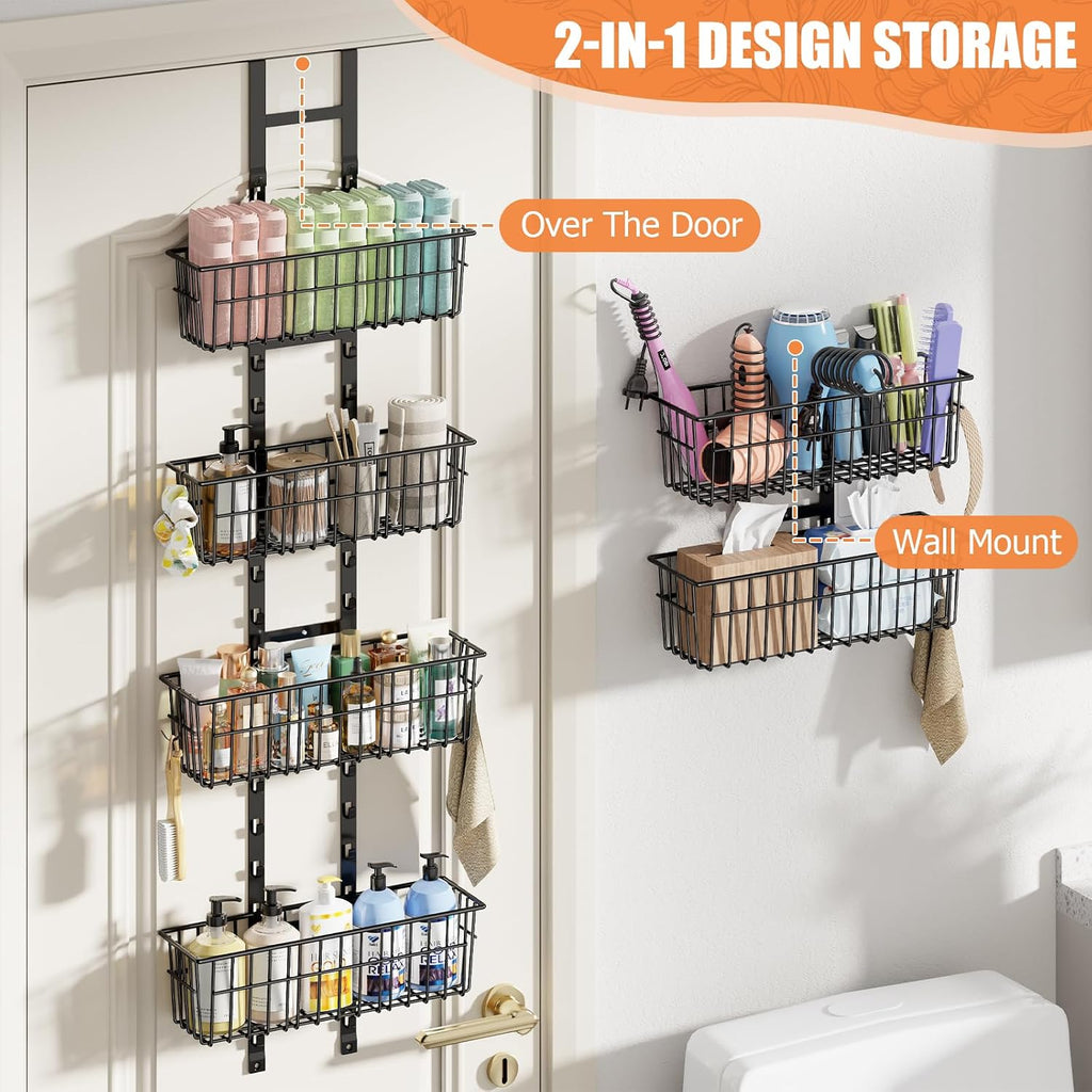 Hongtamoya Over The Door Organizer, Adjustable Hanging Door Organizer with 6 Wire Baskets 5 Hooks, Metal Behind The Door Storage for Pantry Closet Bedroom Bathroom Cabinet Kitchen Laundry Room, Black