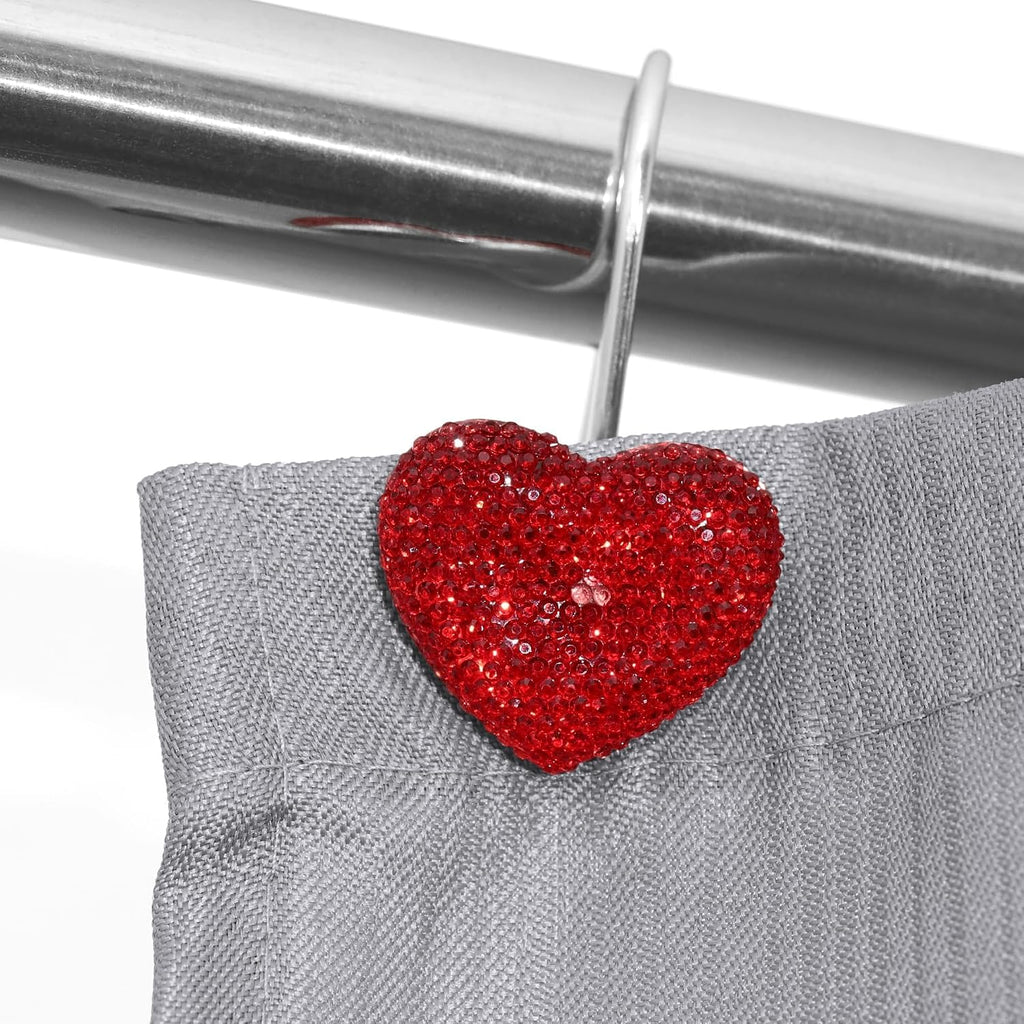 Red Bling Shower Curtain Hooks: Cute Heart Bathroom Curtain Rings, 12Pcs
