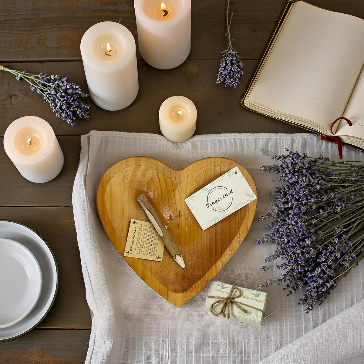 Wooden Heart Prayer Bowl with 30 Cards and Pencil, Christian Gift