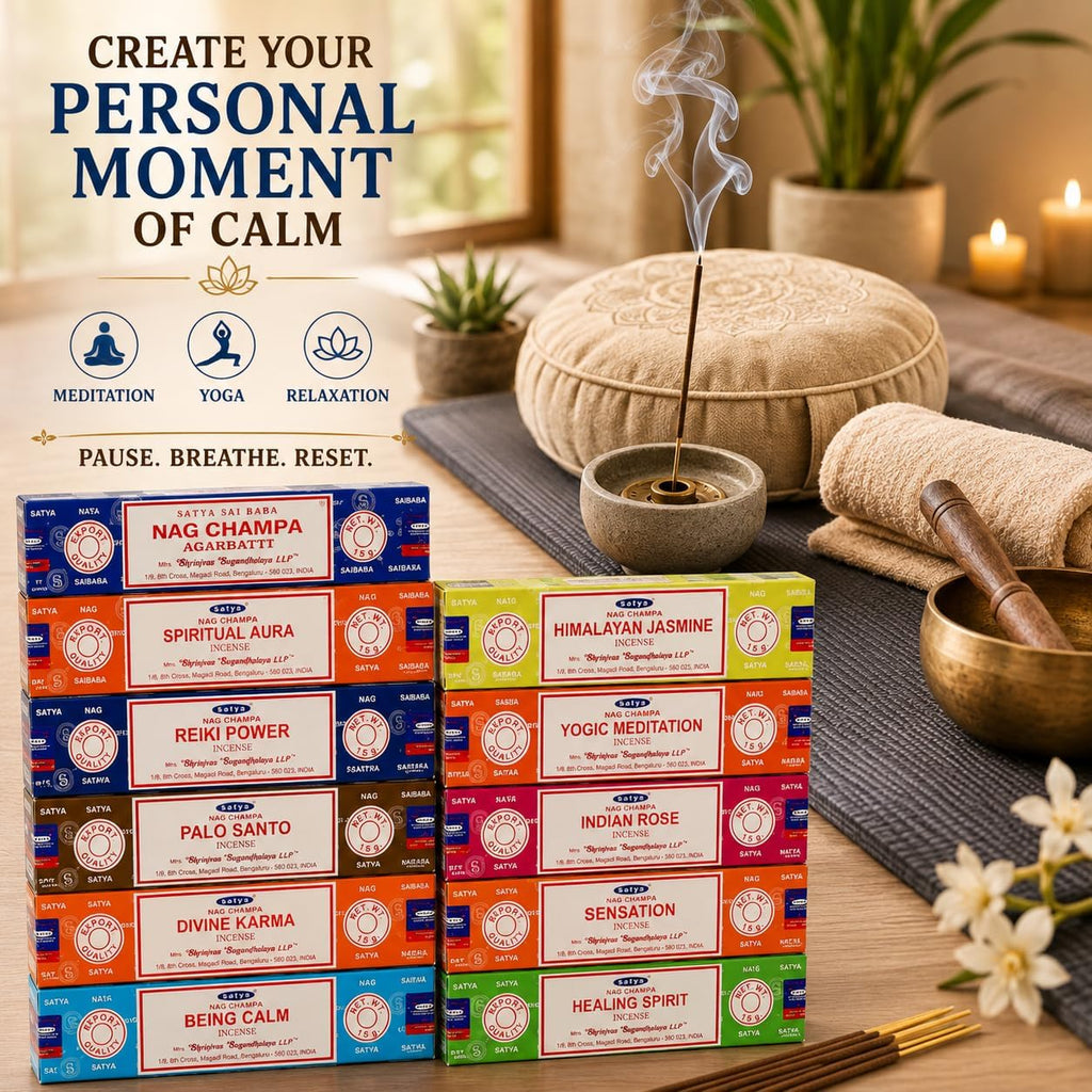 Satya Incense Sticks Set of 12 - Nag Champa, Palo Santo, Rose, Jasmine
