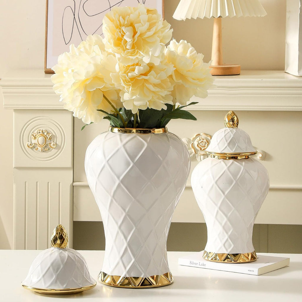 Ginger Jars for Home Decor, White and Gold Vase, Decorative Ceramic Ginger jar with lid, Porcelain Flower Vase for Centerpieces Jarrones, Storage jar, Table Center Vase, Temple Jar(12in)