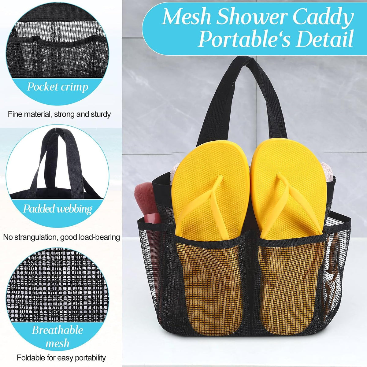 8 Packs Large Mesh Shower Caddy with 8 Pocket and Handle, Black