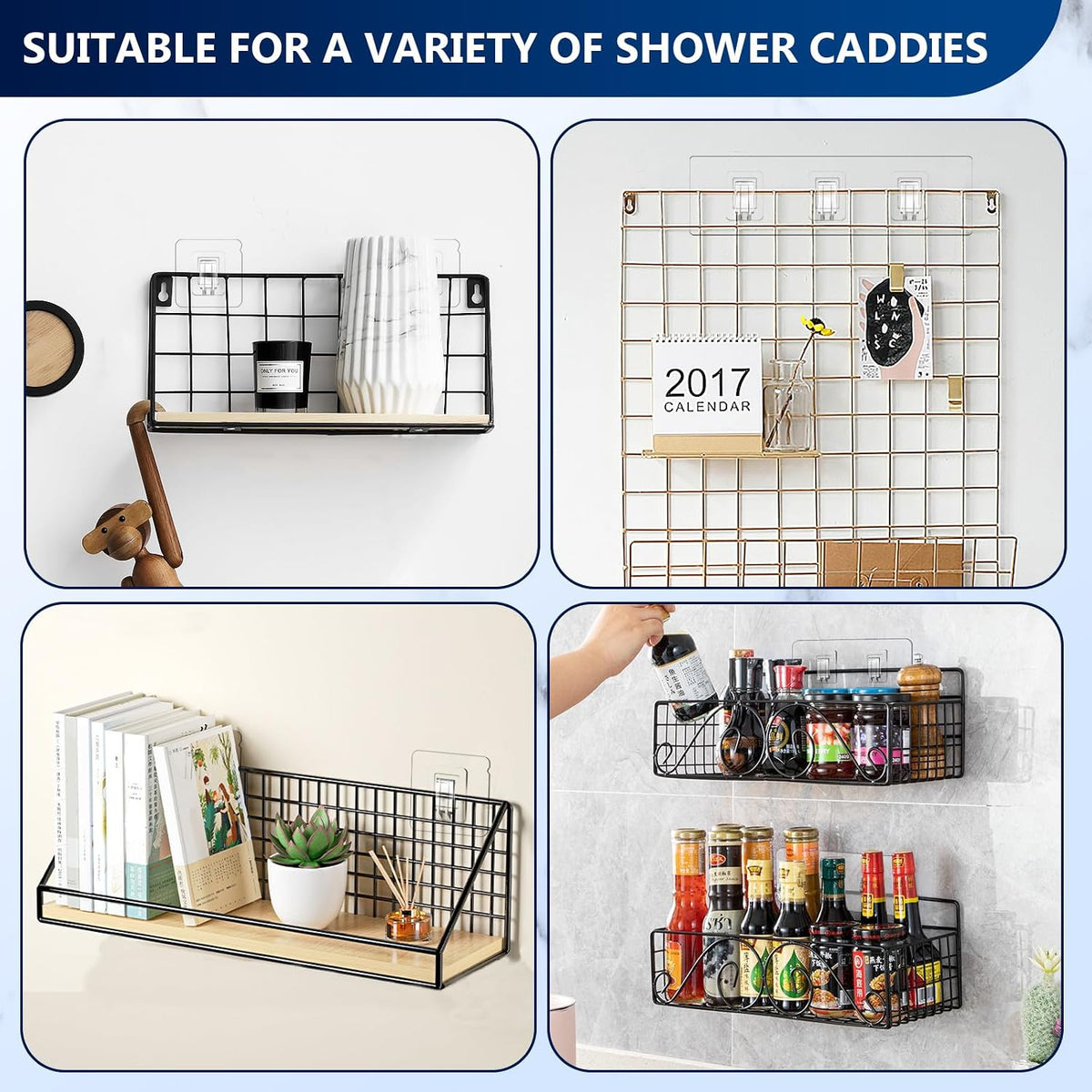14 Pack Shower Caddy Replacement, Strong Adhesive Flat Hooks, Clear Waterproof Shower Shelf Strips for No Drilling Bathroom Storage Shelves, Soap Holder, and Kitchen Racks