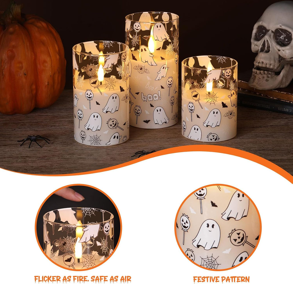 White Ghost Halloween Flameless Pillar Candles with Remote Set of 3