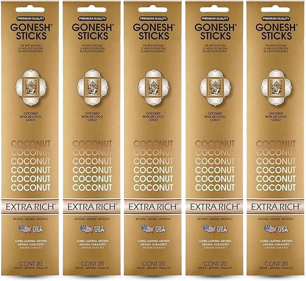 Gonesh Incense Sticks Extra Rich Collection - Coconut 5 Packs (100 Total)