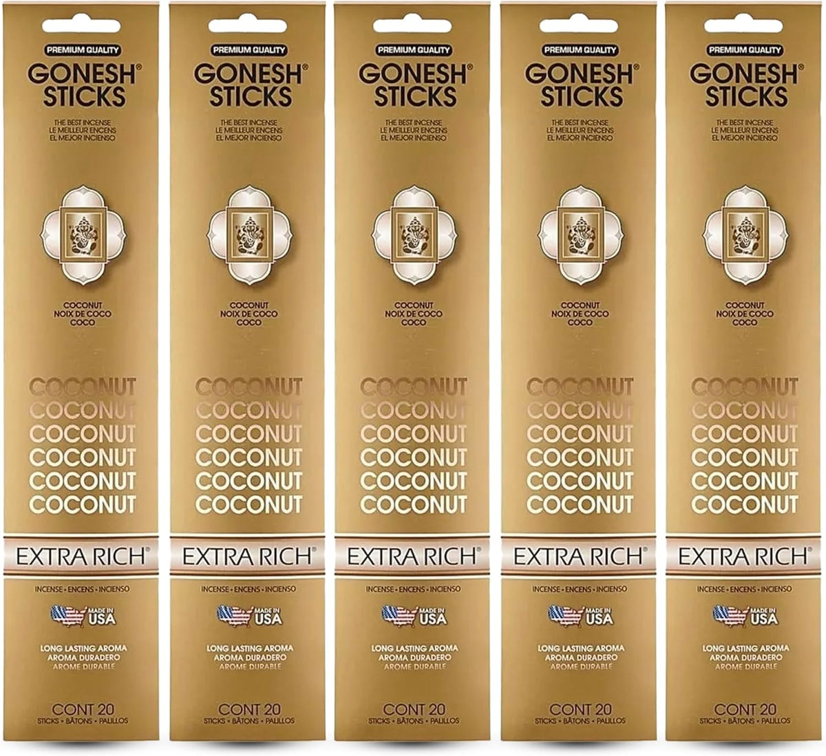 Gonesh Incense Sticks Extra Rich Collection - Coconut 5 Packs (100 Total)