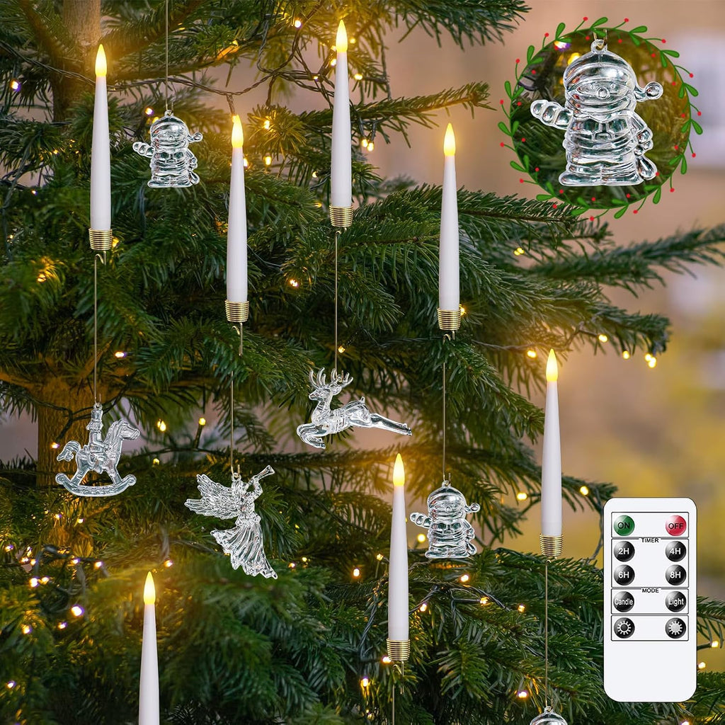 LED Taper Candles with Snowman, Reindeer, Fairy Hooks, Remote Timer White 12pcs Plastic Flameless Candlesticks Flickering Battery Operated Warm Light for Home Decor (0.5" x 6")