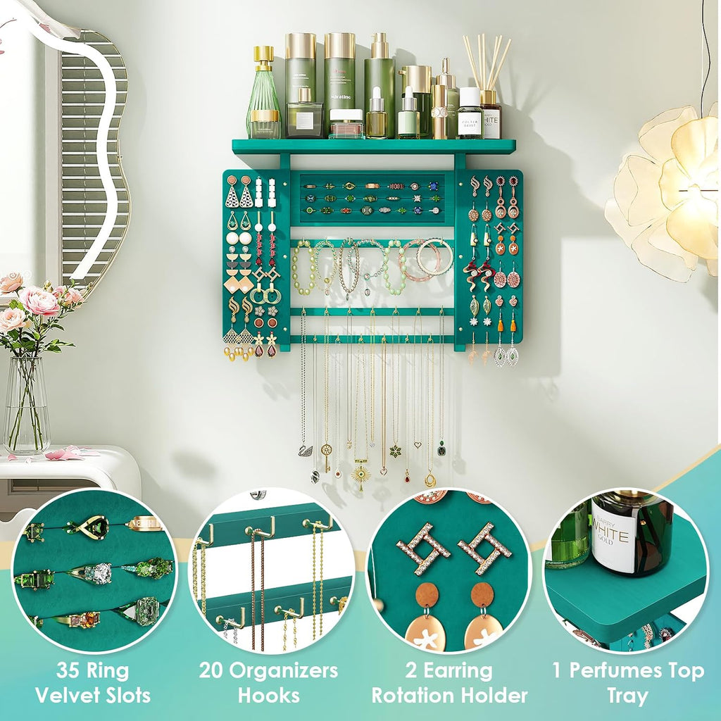 Emfogo Jewelry Organizer Hanging Wall Mounted Jewelry Holder, 5-in-1 Large Capacity Necklace Organizer Wall Hanging Jewelry Display for Ring, Necklaces, Bracelets, Earrings (Green)