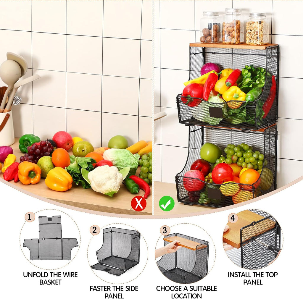 Honeydak 2 Pack Stackable Fruit Basket with Lid and Label Plate, Wall Mounted or Kitchen Countertop Metal Wire Storage for Onion, Potato, Vegetable & Produce Organizer