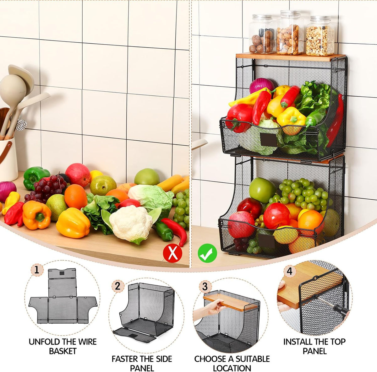 Honeydak 2 Pack Stackable Fruit Basket with Lid and Label Plate, Wall Mounted or Kitchen Countertop Metal Wire Storage for Onion, Potato, Vegetable & Produce Organizer