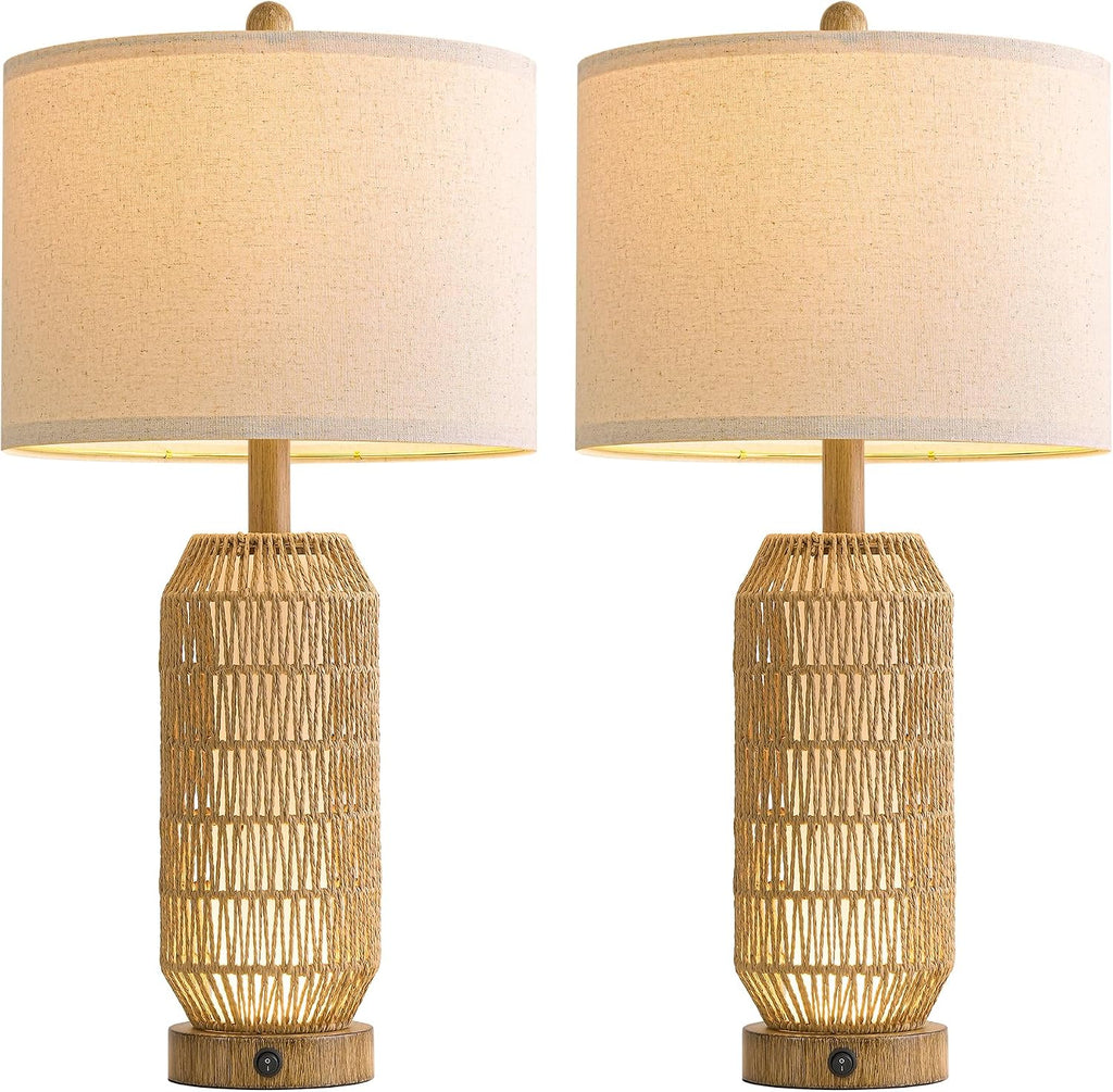 OYEARS 25" Table Lamps Set of 2 with Night Light,Bedside Lamps for Bedroom,Boho Lamps with USB C+A Charging Ports,Farmhouse Table Lamp with Rattan,Frosted Glass,Linen Shade (Wood Grain,Bulb Included)