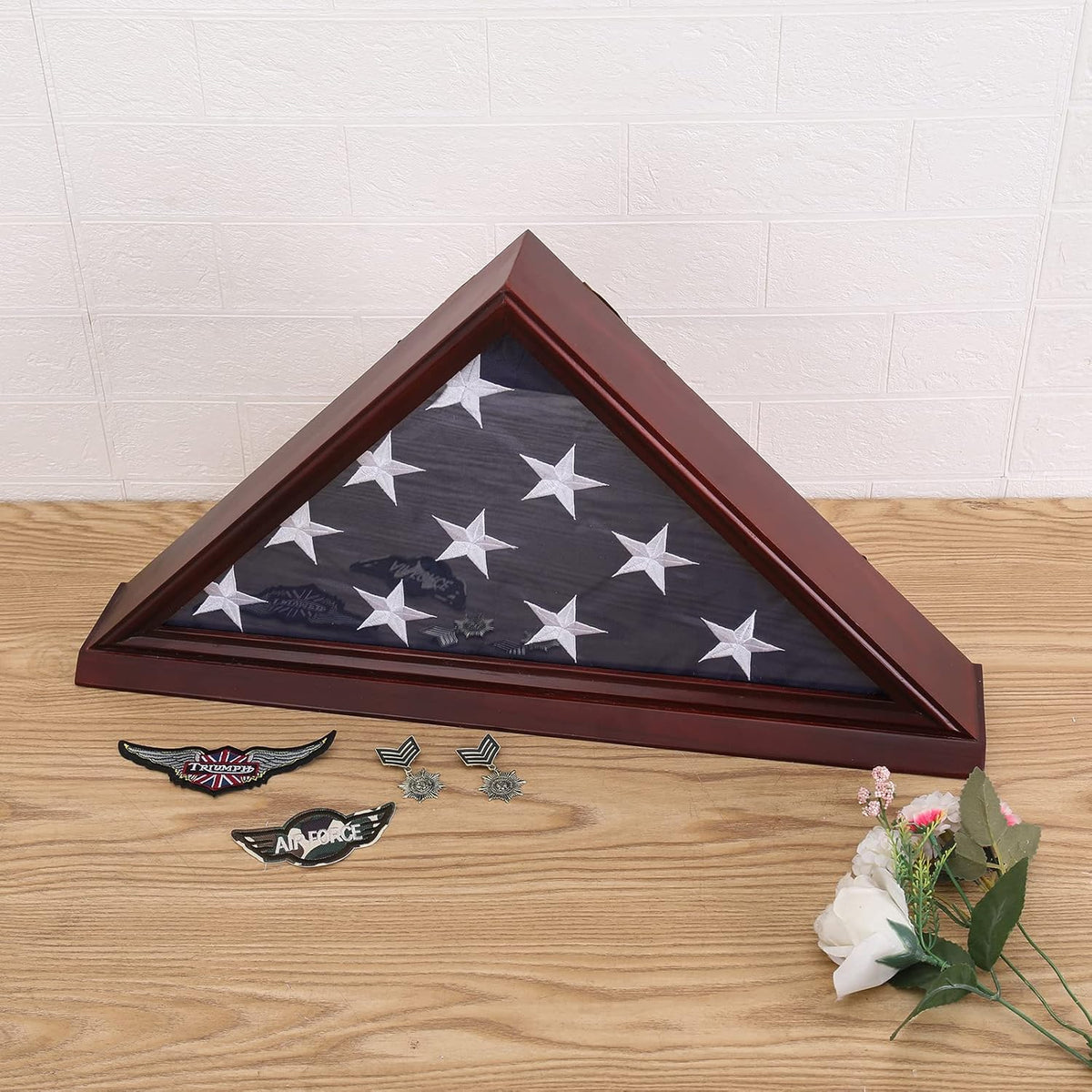 Military Flag Display Case for 5'x9.5' Burial Flag, Pine Wood, Red