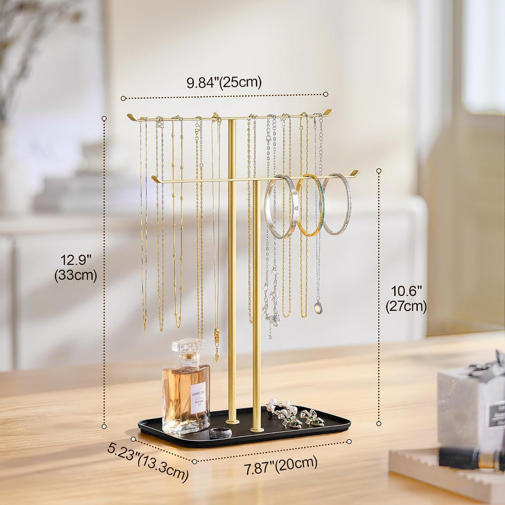 pickpiff Necklace Holder Jewelry Organizer Stand – 2‑Tier T‑Bar Jewelry Display Tree with Tray for Countertop Necklace Bracelet Earring Storage, Vanity Dresser Bathroom Sink, Black-Gold