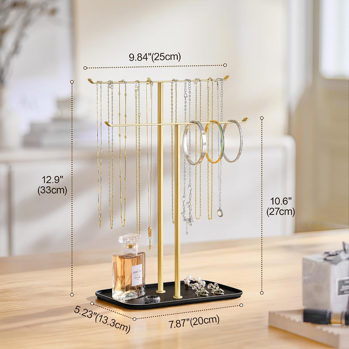 pickpiff Necklace Holder Jewelry Organizer Stand – 2‑Tier T‑Bar Jewelry Display Tree with Tray for Countertop Necklace Bracelet Earring Storage, Vanity Dresser Bathroom Sink, Black-Gold
