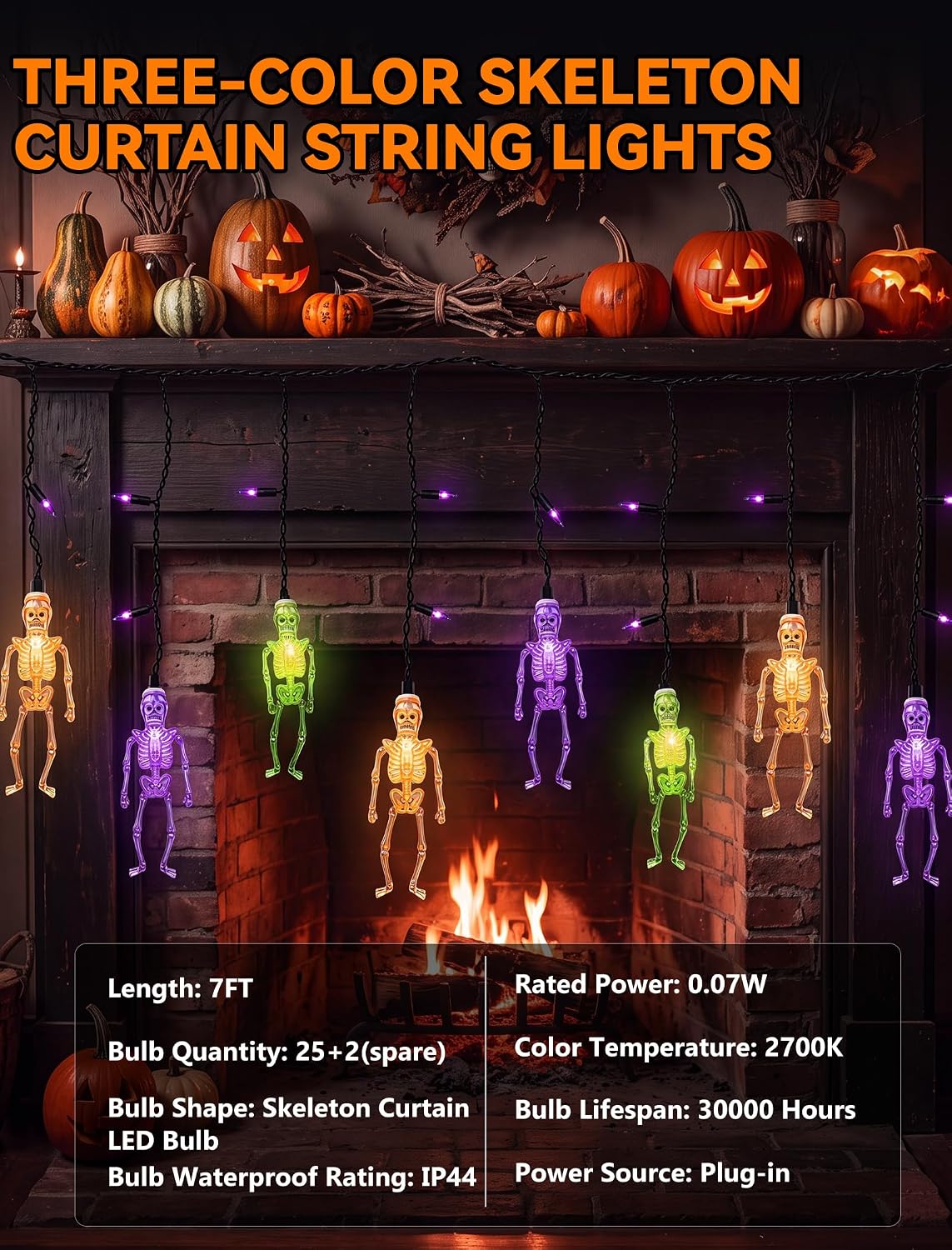 7FT 10 LED Halloween Skull Curtain String Lights, 15 Purple Bulbs, Plug in