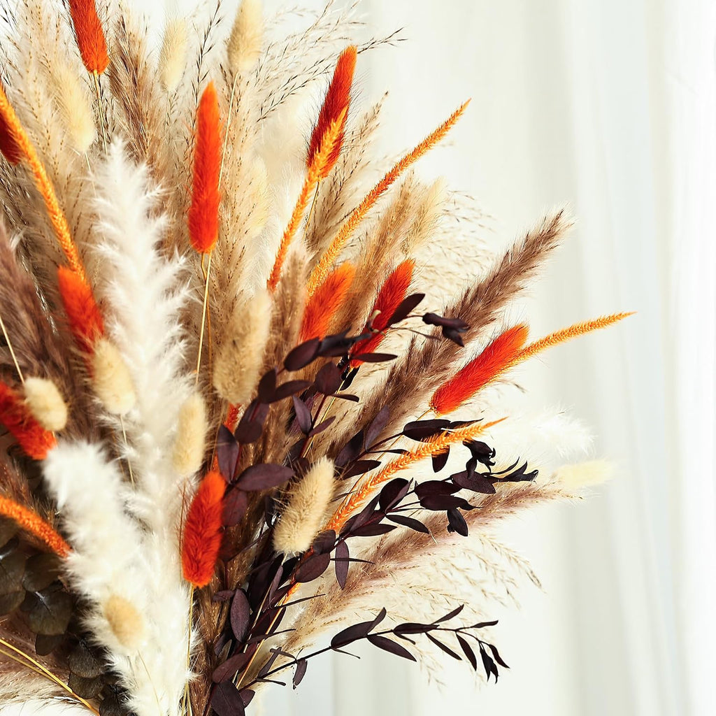 Burnt Orange Rustic Dried Flower Bouquet – Natural Pampas Grass, Eucalyptus & Bunny Tails in Farmhouse-Inspired Floral Arrangement for Home and Event Decor (Hearthlight Amber)
