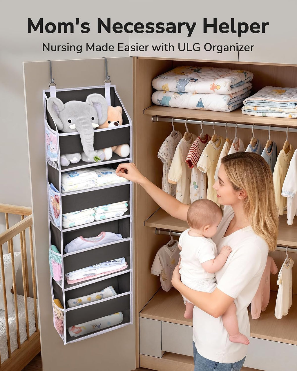 ULG 2 Pack Small Over Door Organizer with 4 Large Pockets 8 Mesh Side Pockets, Hanging Storage Organizer with Clear Window Kids Toys Deep Gray