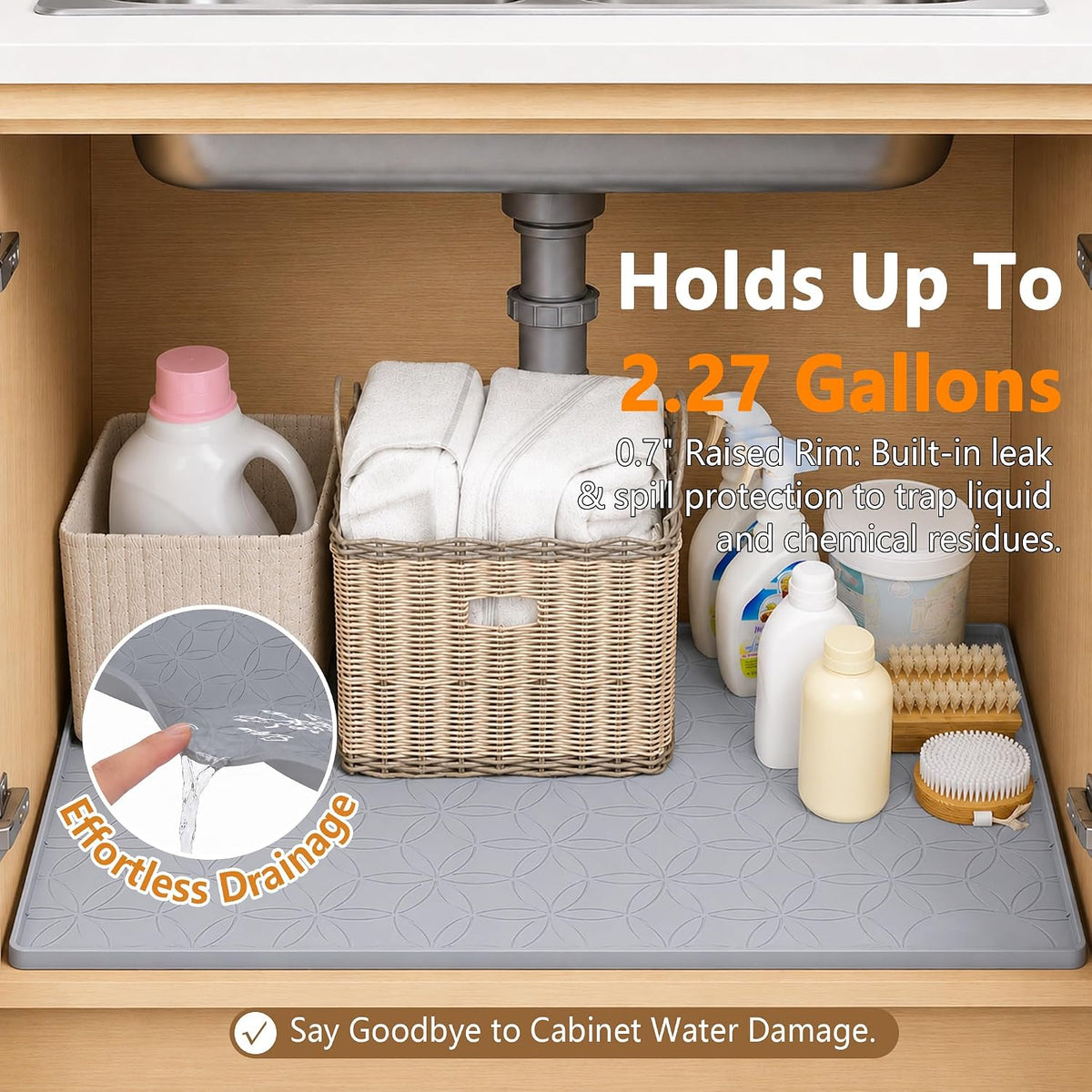 34"x22" Silicone Under Sink Mat Waterproof Cabinet Liner(Gray)