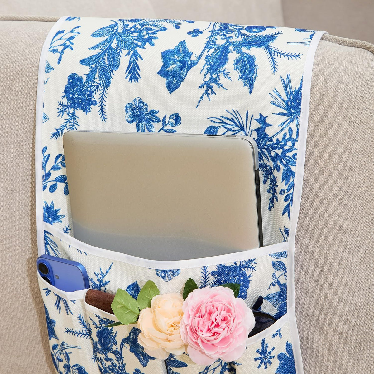 Sofa Armrest Organizer Non-Slip Arm Chair Hanging Caddy Remote Control Holder for Magazine,Tablet, Phone, Books, Glasses(BlueFloral,13in)