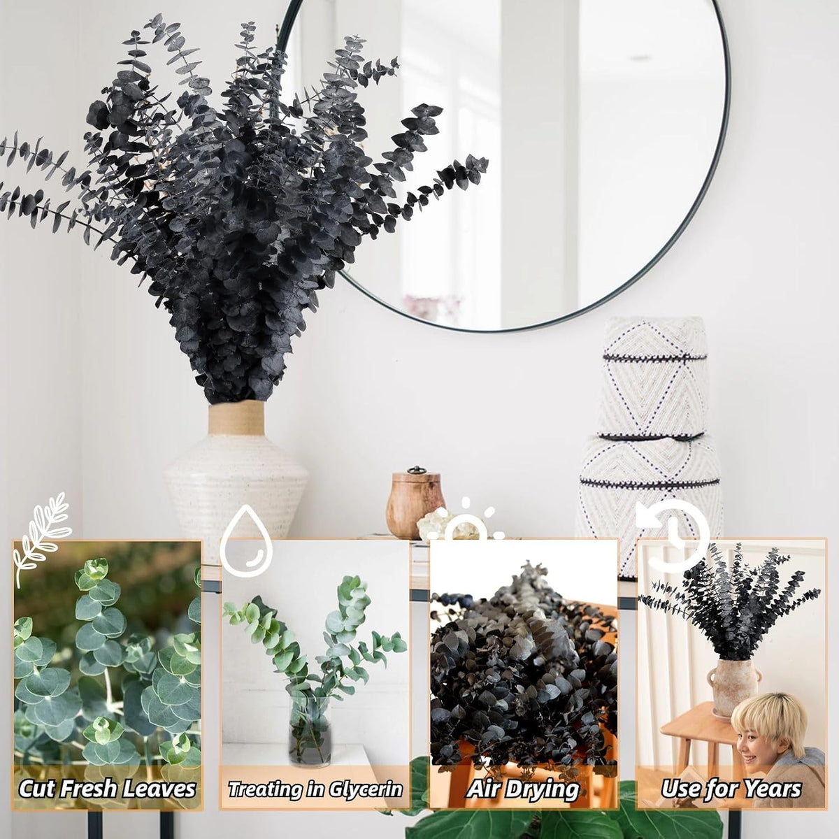 15 Pcs Real Black Eucalyptus Stems, 17" Dried Plants Natural Branches