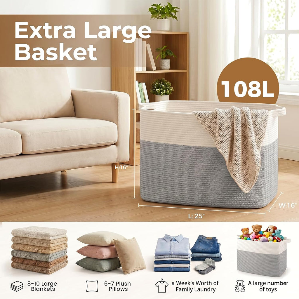 OIASKET 108L Cotton Rope Storage Basket for Living Room and Bedroom 25"x16"x16" Woven Laundry Basket, Heavy Duty Bin for Blankets, Pillows & Toys, Pet-Safe & Scratch-Free, Grey and White